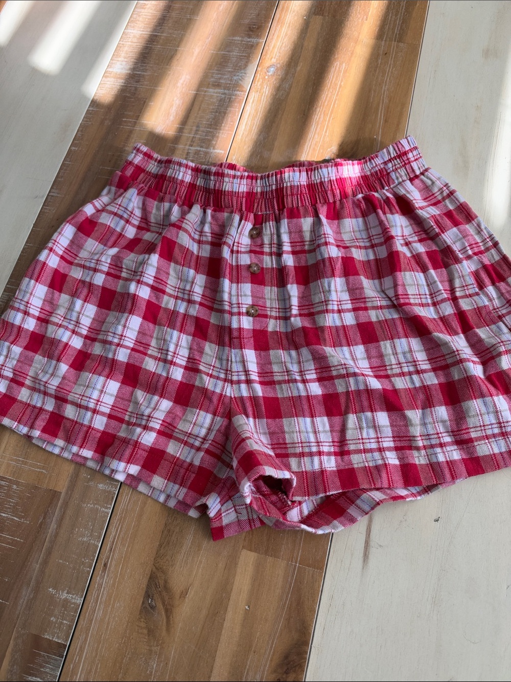 Urban Renewal Red and White Plaid High-Waist Button-Front Shorts